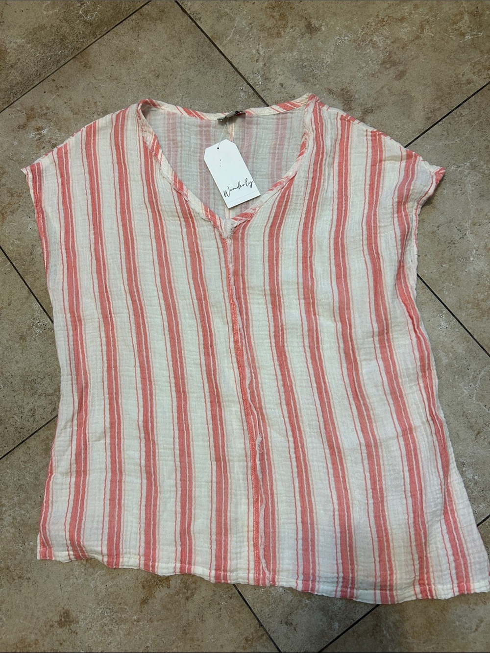 Wonderly Coral and White Striped V-Neck Tunic. NWT